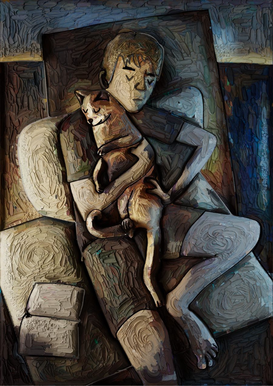 Boy With Stretched Cat, 2021